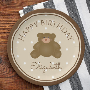 Elegant Cute Teddy Bear Cub Baby First Birthday Paper Plate