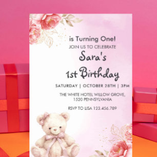 Elegant & Cute Teddy Floral First 1st Birthday Invitation