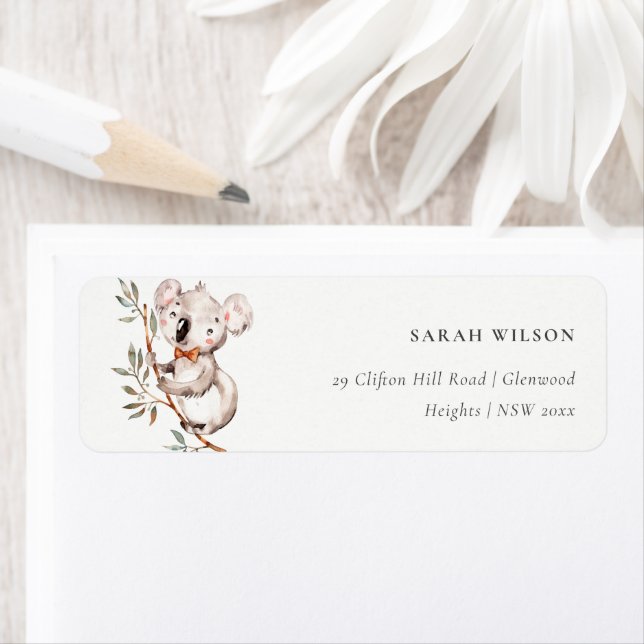 Elegant Cute Watercolor Baby Koala Foliage Address (Insitu)