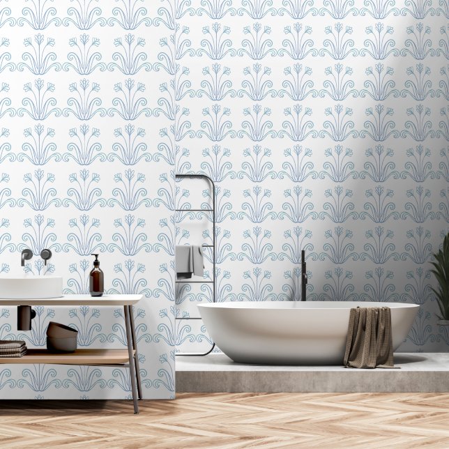   Elegant Cute White and Blue Floral Pattern Light Wallpaper (Bathroom)