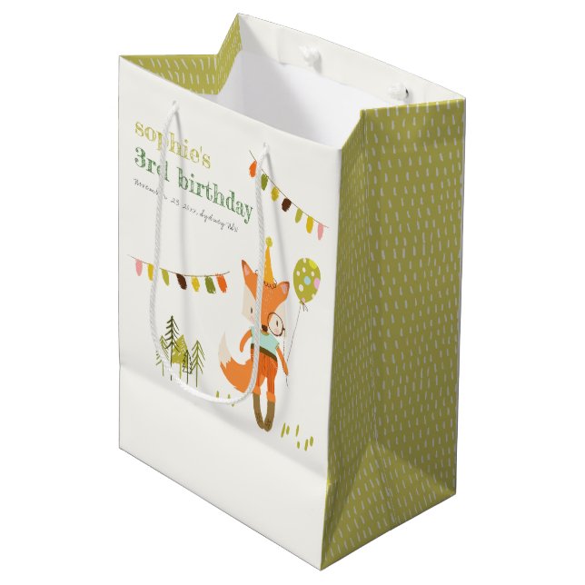 Elegant Cute Woodland Fun Party Fox Kids Birthday Medium Gift Bag (Front Angled)