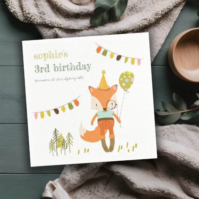 Elegant Cute Woodland Fun Party Fox Kids Birthday Napkin (Creator Uploaded)