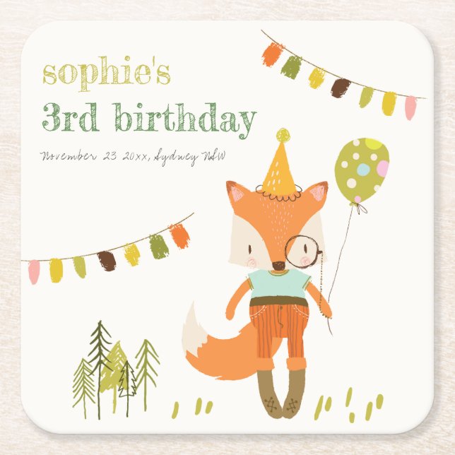Elegant Cute Woodland Fun Party Fox Kids Birthday Square Paper Coaster (Front)