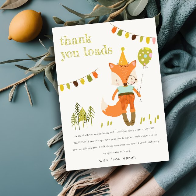 Elegant Cute Woodland Fun Party Fox Kids Birthday Thank You Card (Creator Uploaded)