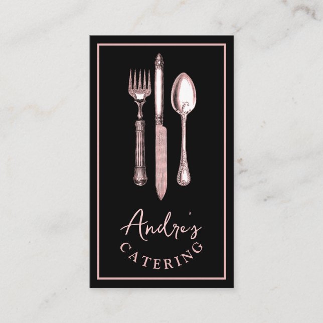 Elegant Cutlery Utensils Logo Catering Black Business Card (Front)