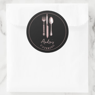 Elegant Cutlery Utensils Logo Catering Black Classic Round Sticker