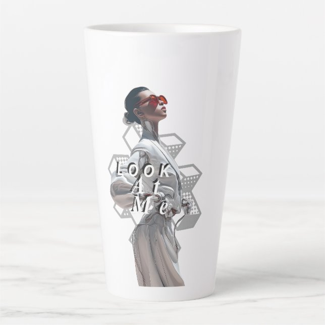 Elegant Cyborg in White Futurisistic Fashion Latte Mug (Front)
