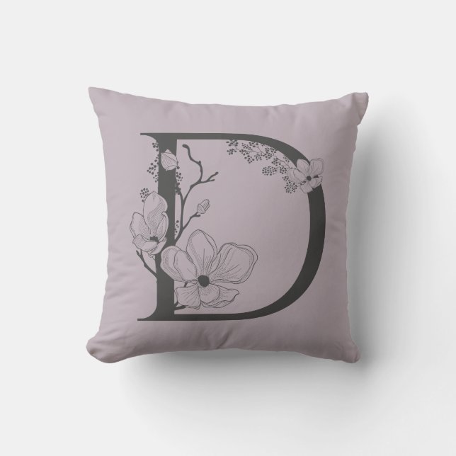 Elegant D Boho Floral Monogram Initial Lilac Grey Cushion (Front)