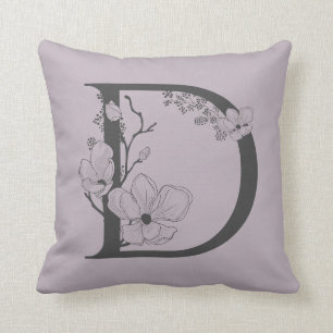 Elegant D Boho Floral Monogram Initial Lilac Grey Cushion