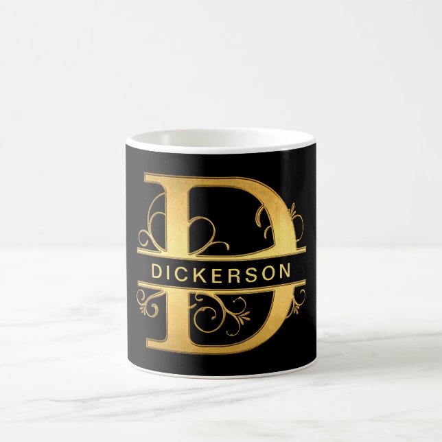 Elegant "D" Monogram Personalised Name Black Gold Coffee Mug (Center)