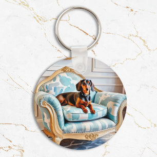 Elegant Dachshund on Luxury Armchair Monogrammed Key Ring
