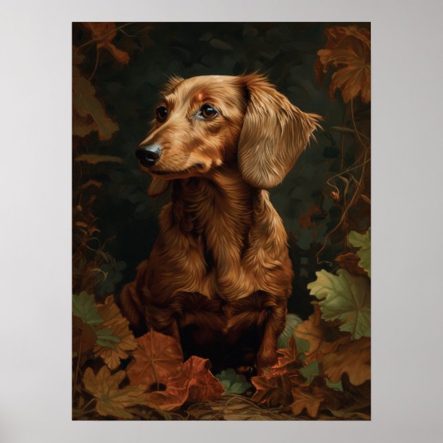 Elegant Dachshund with Autumn Leaves | Floral Pet Poster (Front)