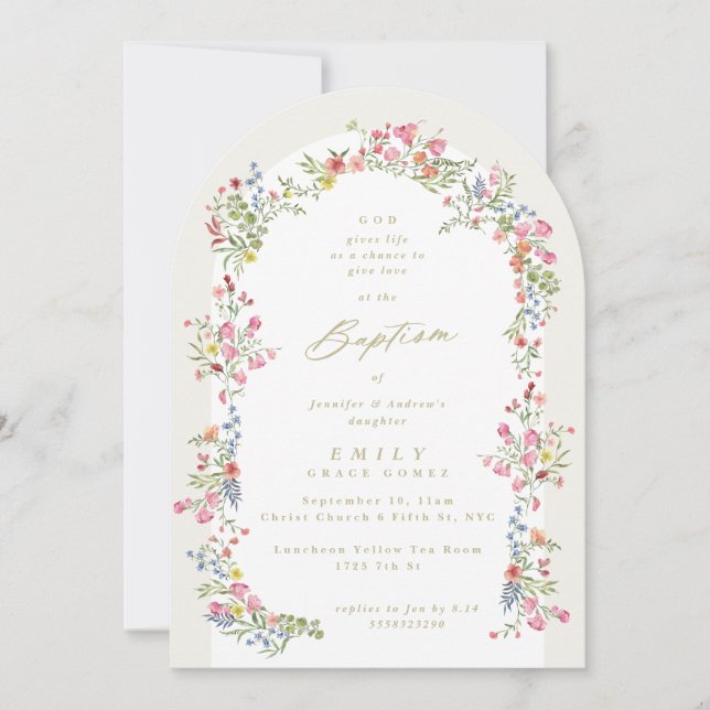 elegant dainty floral summer arch baptism invitation (Front)