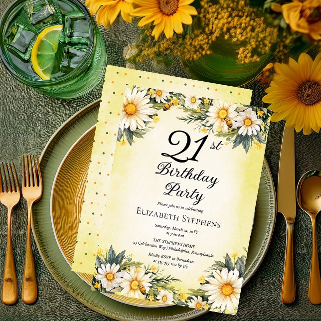 Elegant Daisies Garden Floral 21st Birthday Party Invitation (Elegant Daisies Garden Floral 21st Birthday Party Invitation - Print and/or Digital Download)