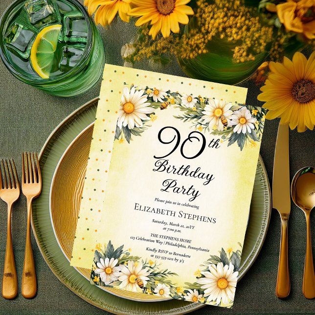 Elegant Daisies Garden Floral 90th Birthday Party Invitation (Elegant Daisies Garden Floral 90th Birthday Party Invitation - Print and/or Digital Download)