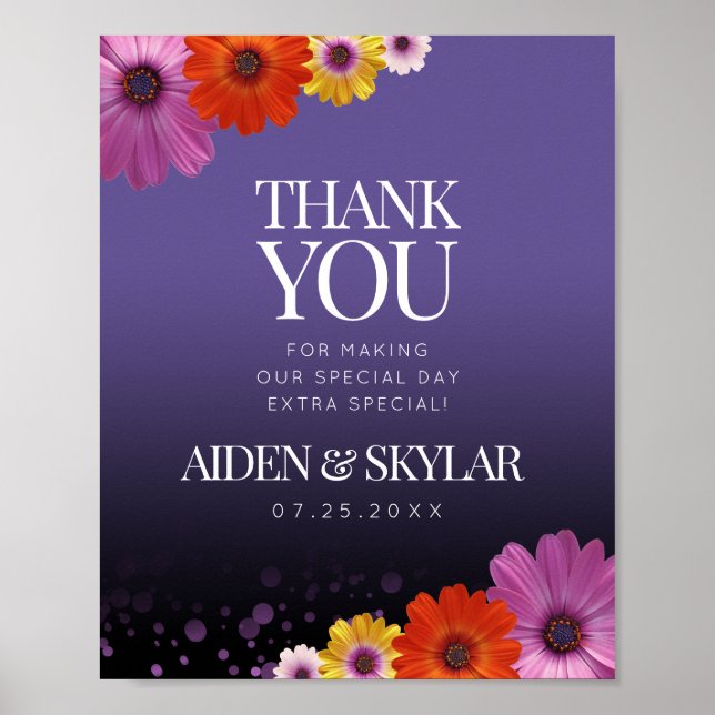 Elegant Daisies Purple Glitter Wedding Thank You Poster (Front)