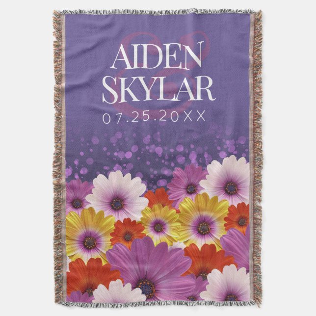 Elegant Daisies with Purple Glitter Newlyweds Throw Blanket (Front Vertical)