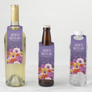 Elegant Daisies with Purple Glitter Wedding Bottle Tag