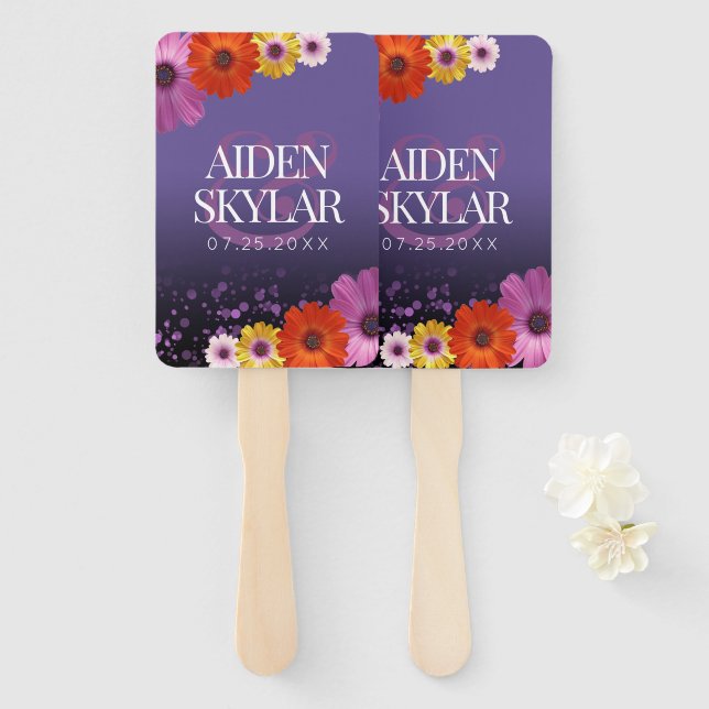 Elegant Daisies with Purple Glitter Wedding Hand Fan (Front and Back)