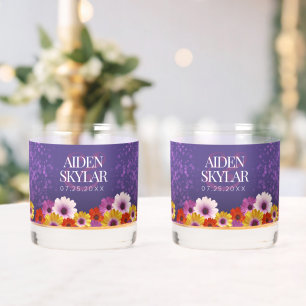 Elegant Daisies with Purple Glitter Wedding Whiskey Glass