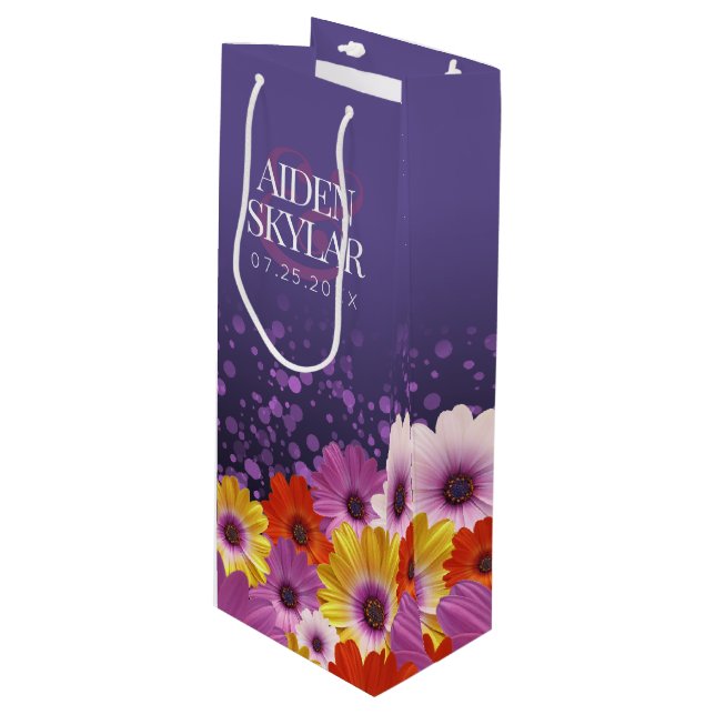 Elegant Daisies with Purple Glitter Wedding Wine Gift Bag (Front Angled)