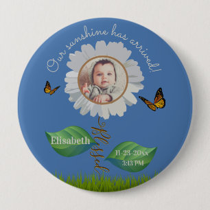 Elegant Daisy Blue Floral Cute Baby Photo & Name 10 Cm Round Badge