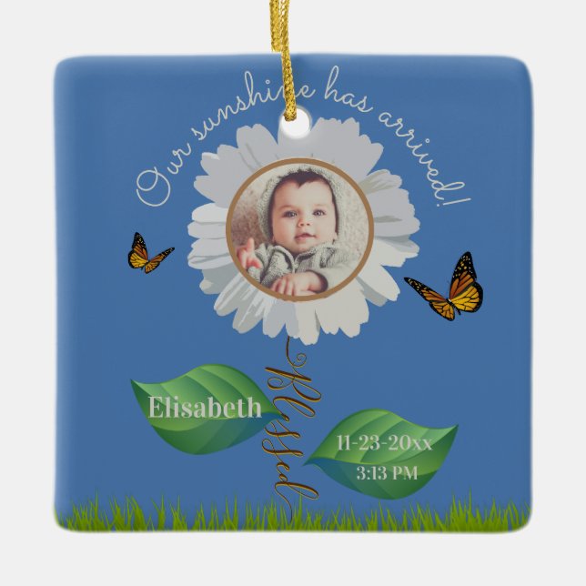 Elegant Daisy Blue Floral Cute Baby Photo & Name Ceramic Ornament (Front)