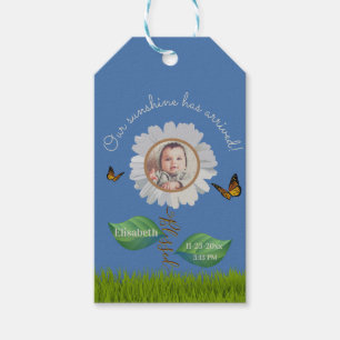 Elegant Daisy Blue Floral Cute Baby Photo & Name Gift Tags