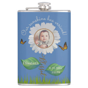 Elegant Daisy Blue Floral Cute Baby Photo & Name Hip Flask