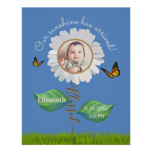 Elegant Daisy Blue Floral Cute Baby Photo & Name Print