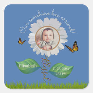 Elegant Daisy Blue Floral Cute Baby Photo & Name Square Sticker