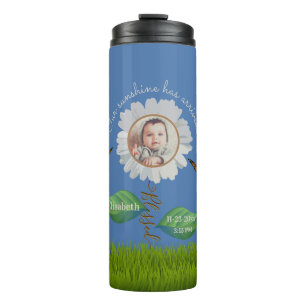 Elegant Daisy Blue Floral Cute Baby Photo & Name Thermal Tumbler