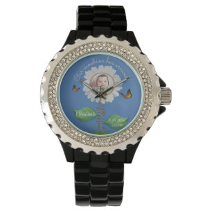 Elegant Daisy Blue Floral Cute Baby Photo & Name Watch