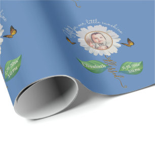 Elegant Daisy Blue Floral Cute Baby Photo & Name Wrapping Paper