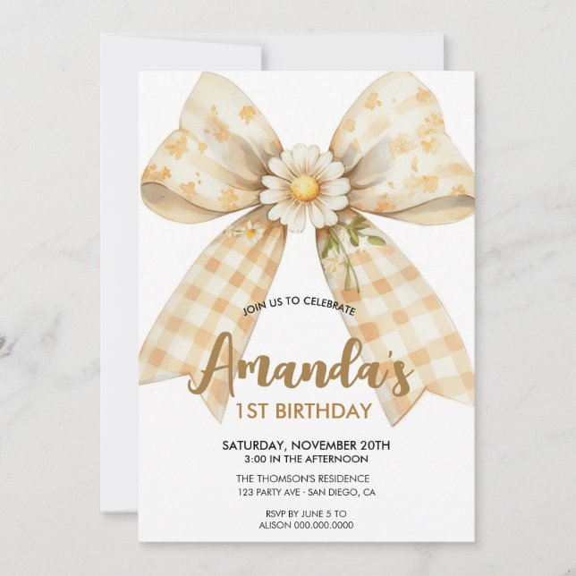 Elegant daisy bow birthday  invitation (Front)