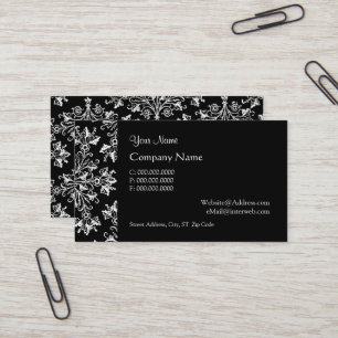 Elegant Daisy Damask in White on Black Custom Business Card