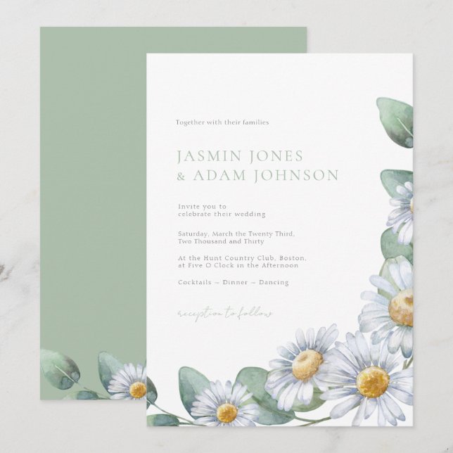 Elegant Daisy Eucalyptus Monogram Wedding Invitation (Front/Back)