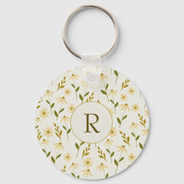 Elegant Daisy Floral Design Ivory Greenery Branch Key Ring (Front)