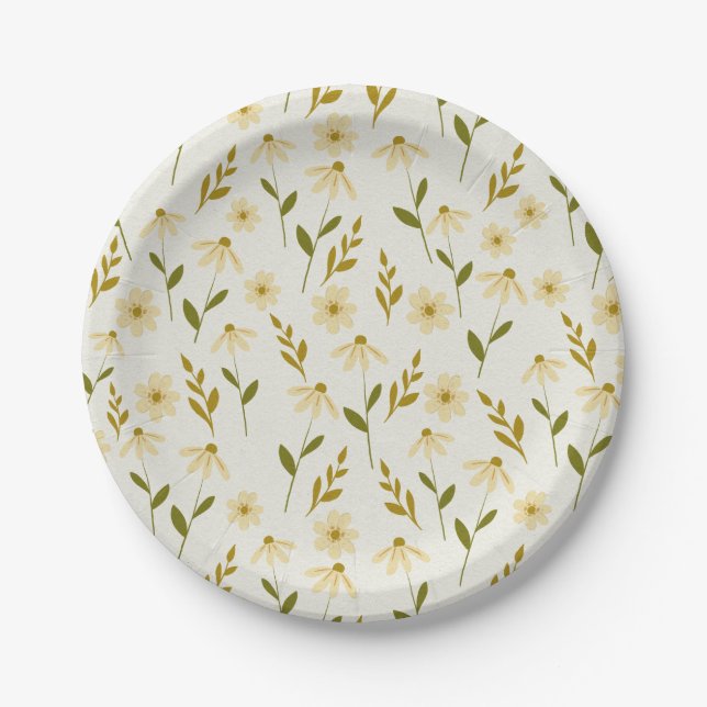Elegant Daisy Floral Design Ivory Greenery Branch Paper Plate (Front)
