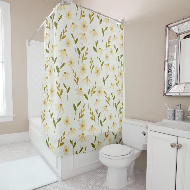 Elegant Daisy Floral Design Ivory Greenery Branch Shower Curtain (In Situ)