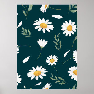 Elegant Daisy Floral Pattern Art Poster – Dark