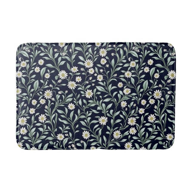 Elegant Daisy Floral Pattern on Dark Background Bath Mat (Front)