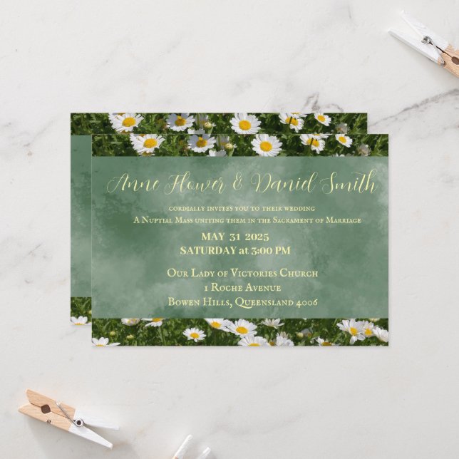 Elegant Daisy Green Catholic Wedding Invitation (Front/Back In Situ)