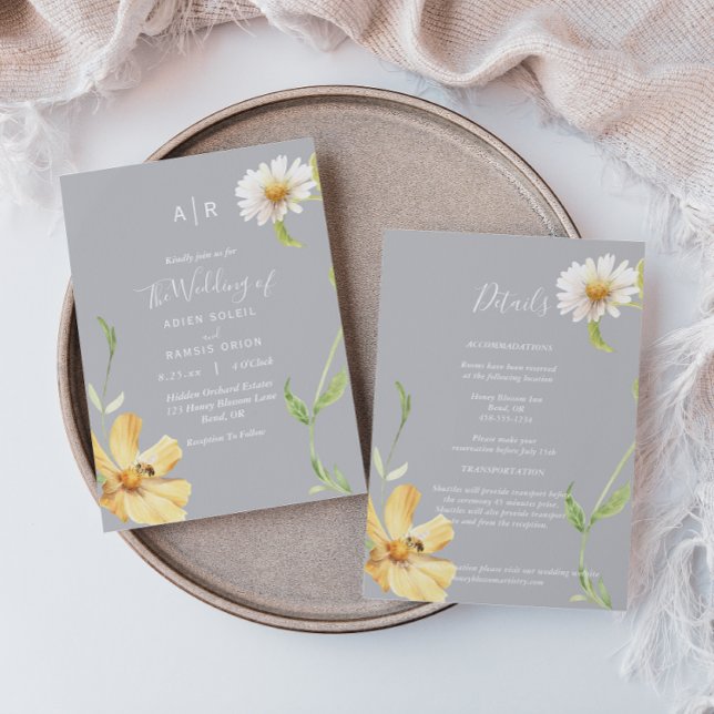 Elegant Daisy | Grey Monogram Details All In One Invitation (Creator Uploaded)