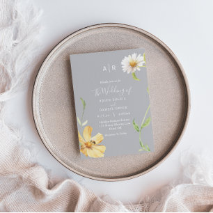 Elegant Daisy Grey Monogram Wedding Invitation