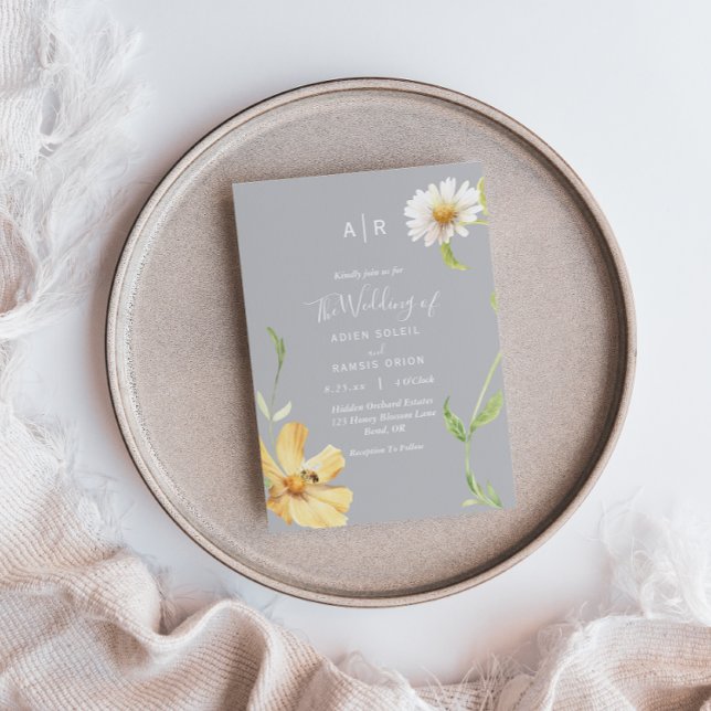 Elegant Daisy | Grey Monogram Wedding Invitation (Creator Uploaded)