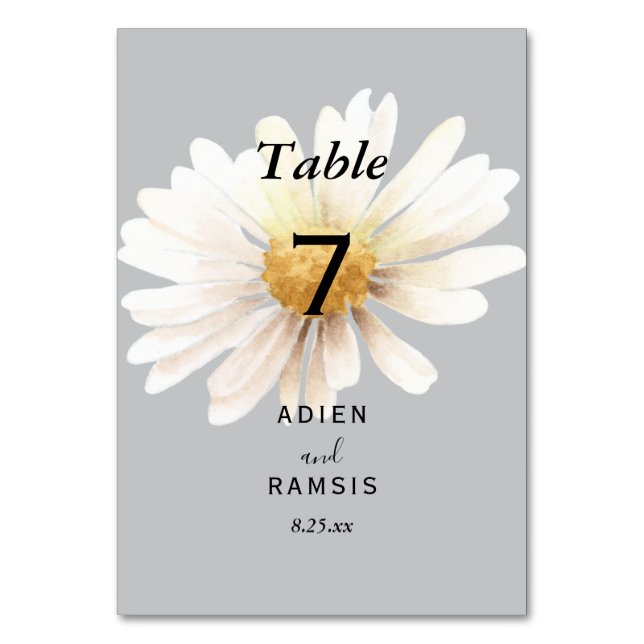 Elegant Daisy Grey Wedding Table Card (Front)