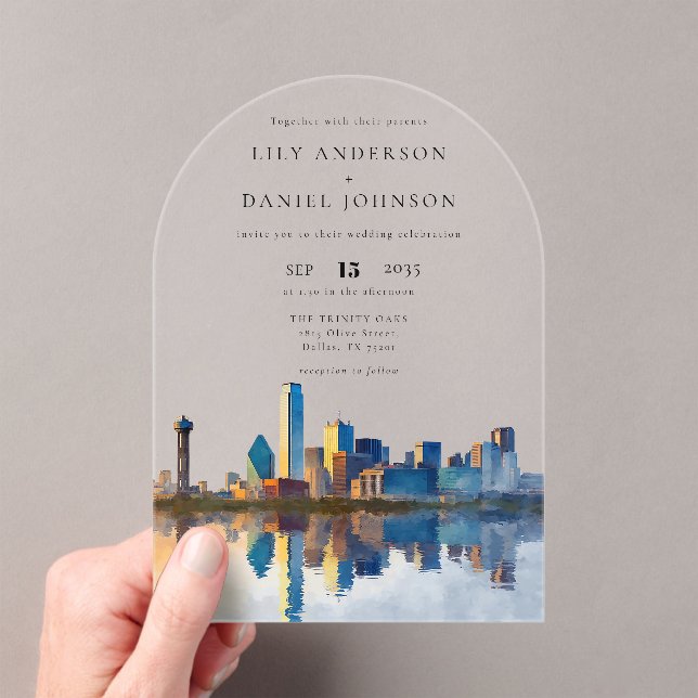 Elegant Dallas Skyline Watercolor Wedding Arch Acrylic Invitations (Insitu (Handheld))