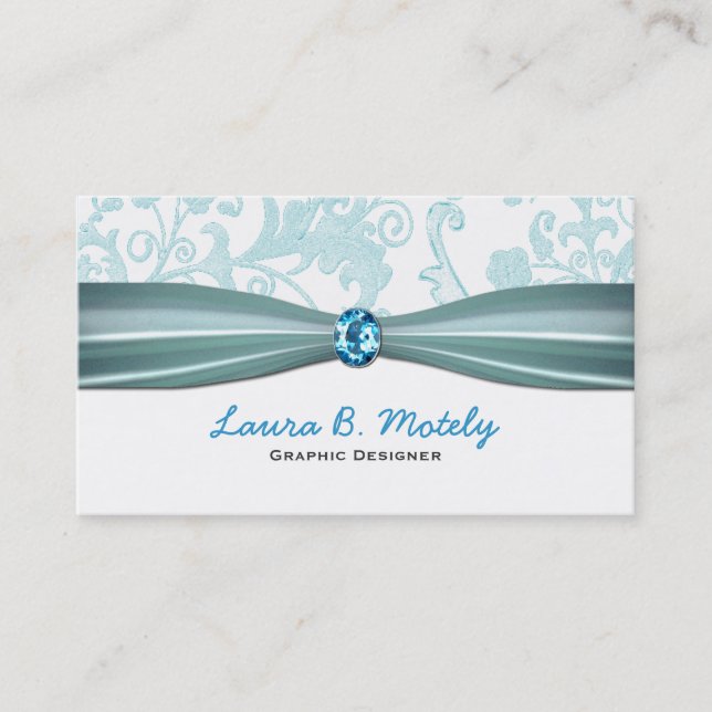 Elegant Damask and Aquamarine Business Card (Front)