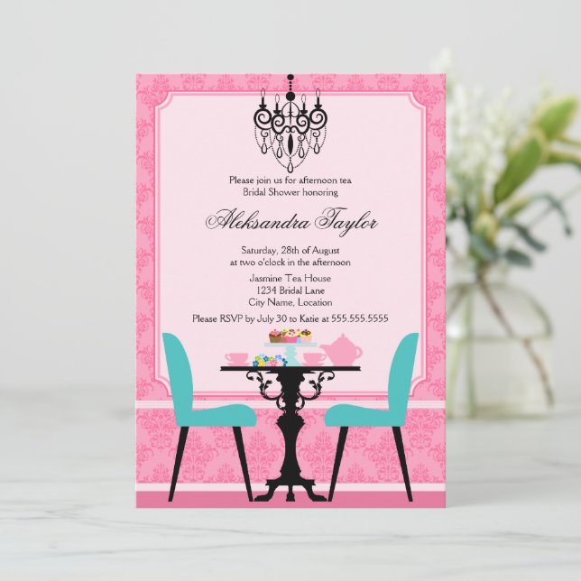 Elegant Damask and Chandelier Pink Aqua Tea Party Invitation (Standing Front)